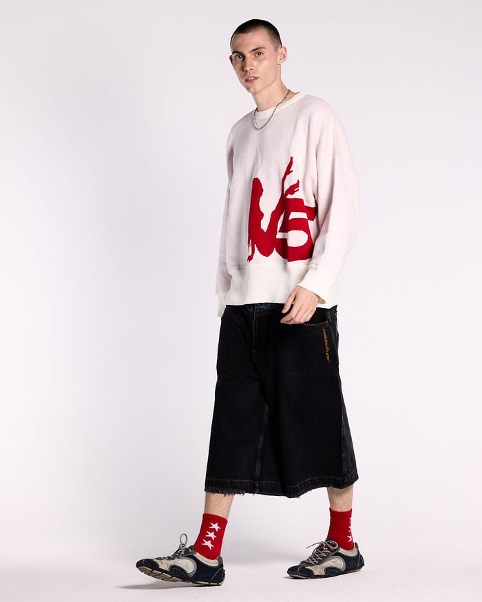 YURE KNIT OFF WHITE - off white graphic knit sweater, front view on male model - Cold Culture #man