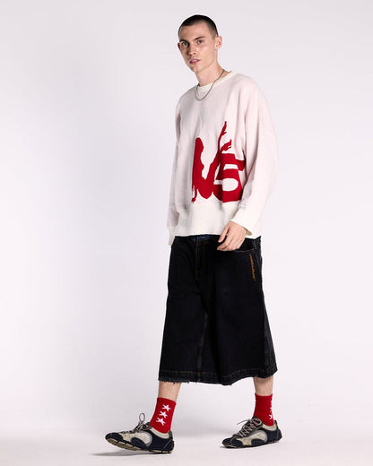 YURE KNIT OFF WHITE - off white graphic knit sweater, front view on male model - Cold Culture #man