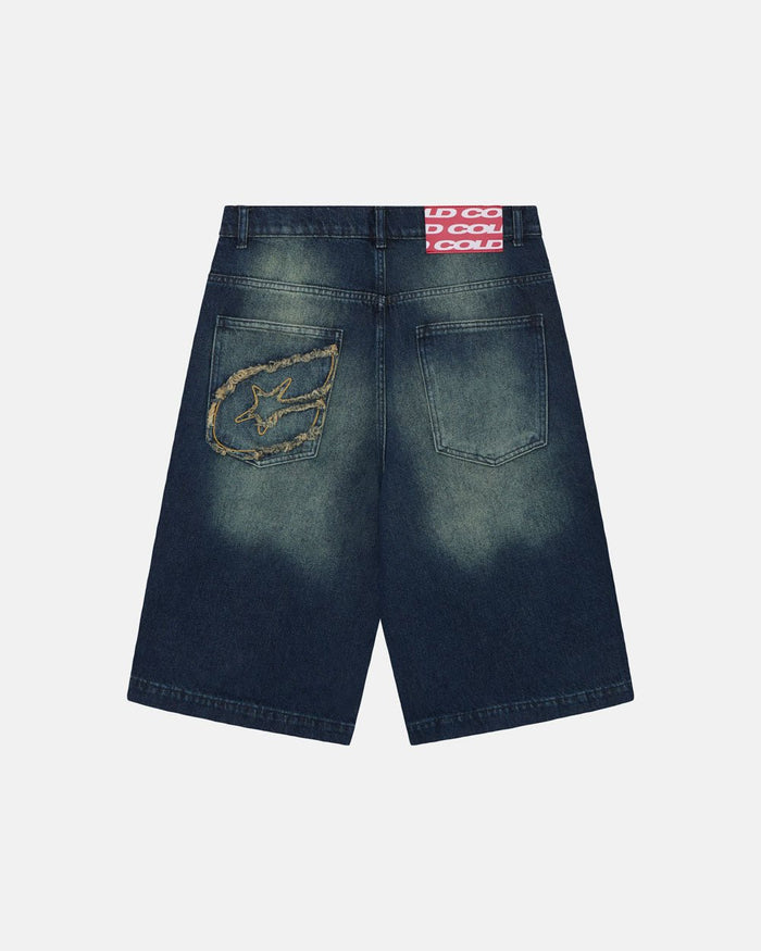 ZENIT SHORTS RAW - dark washed denim shorts, back view - Cold Culture