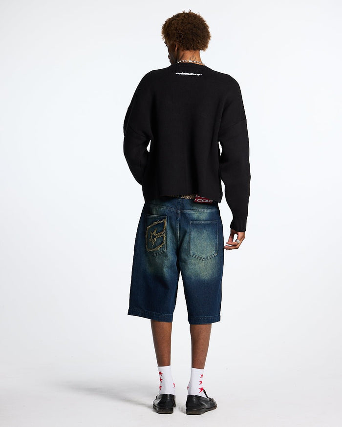 ZENIT SHORTS RAW - dark washed denim shorts, back view on male model - Cold Culture #man