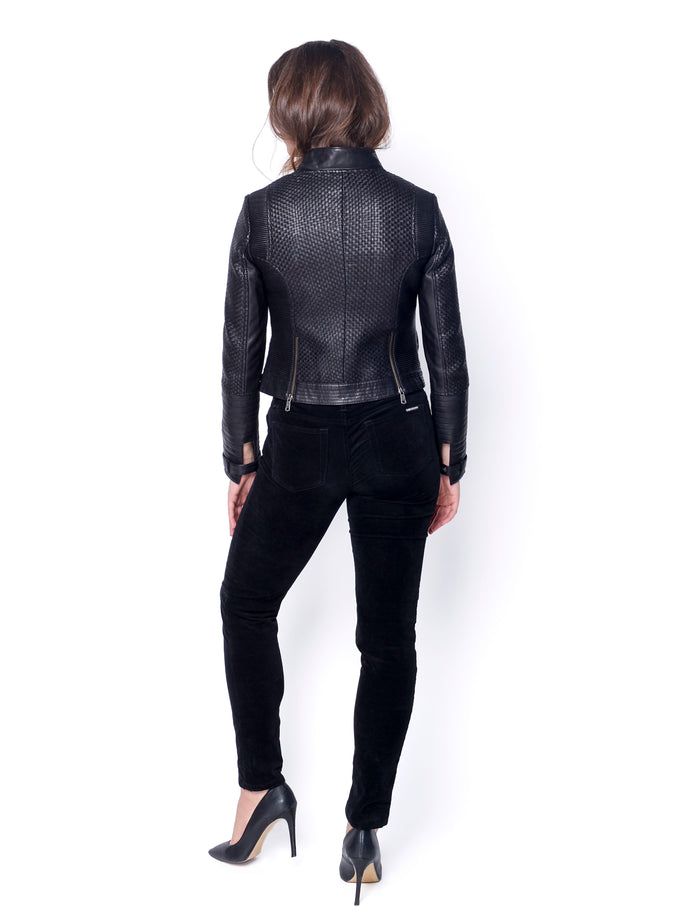 Zoe Hand Woven Leather Jacket-Black