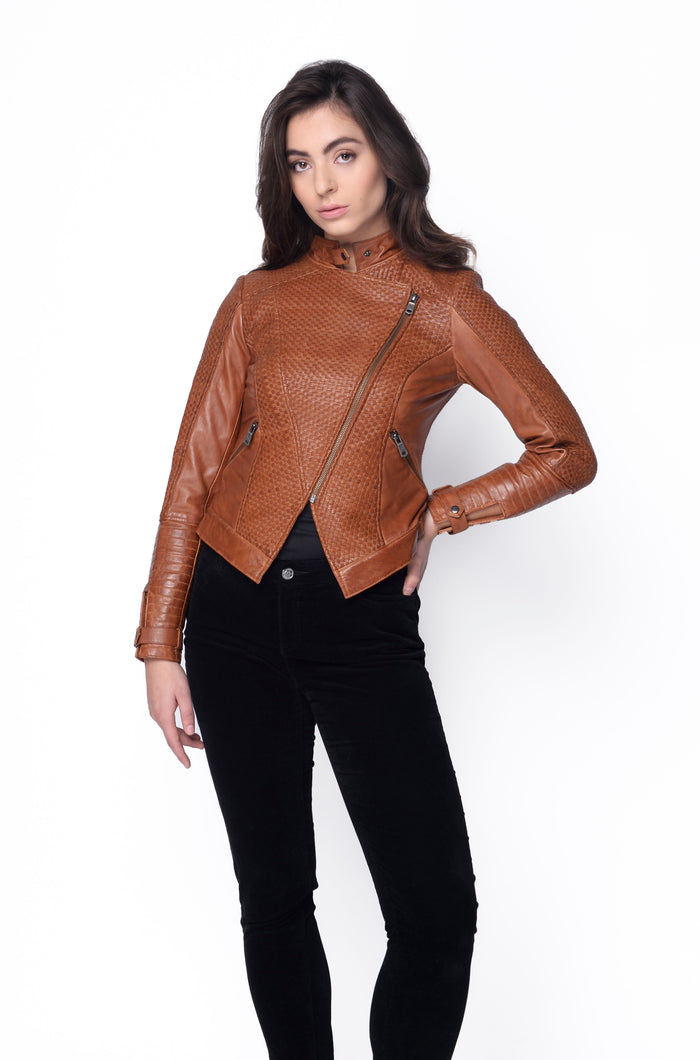 Zoe Hand Woven Leather Jacket-Chocolate