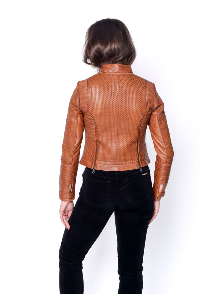 Zoe Hand Woven Leather Jacket-Chocolate