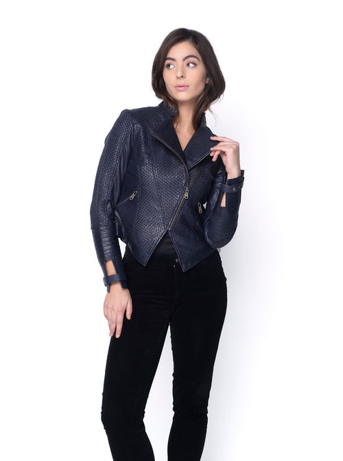 Zoe Hand Woven Leather Jacket-Navy