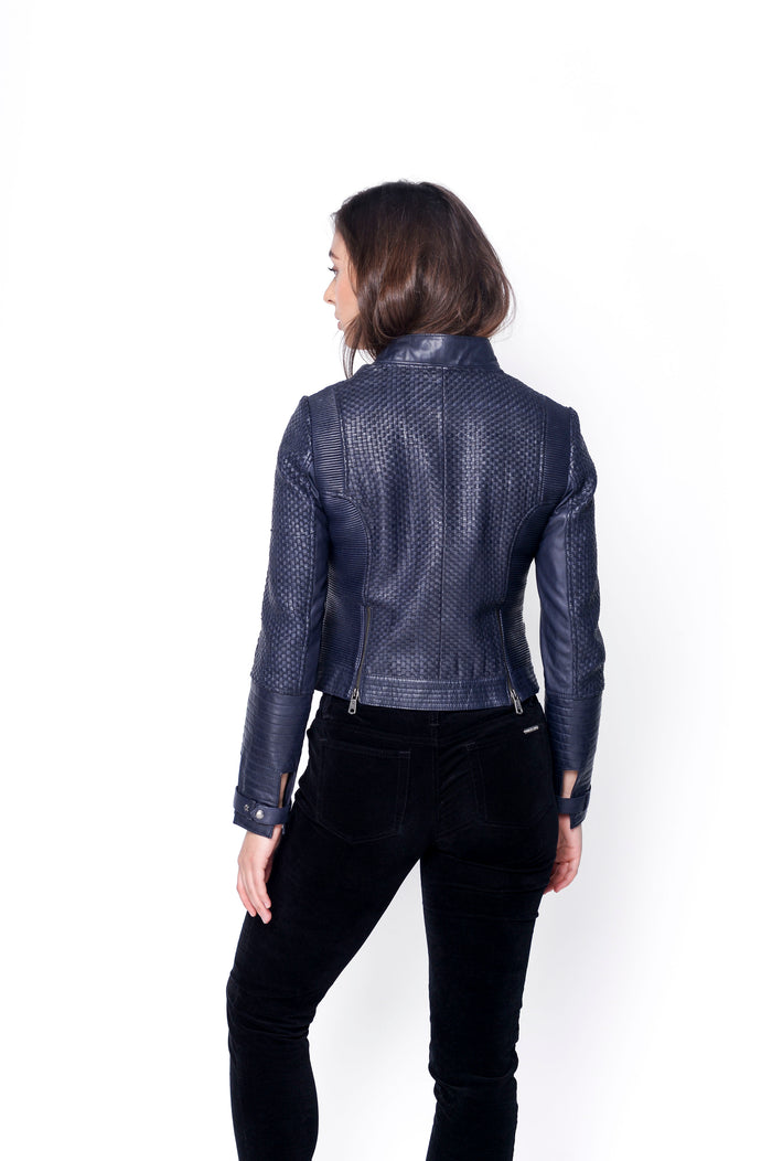 Zoe Hand Woven Leather Jacket-Navy