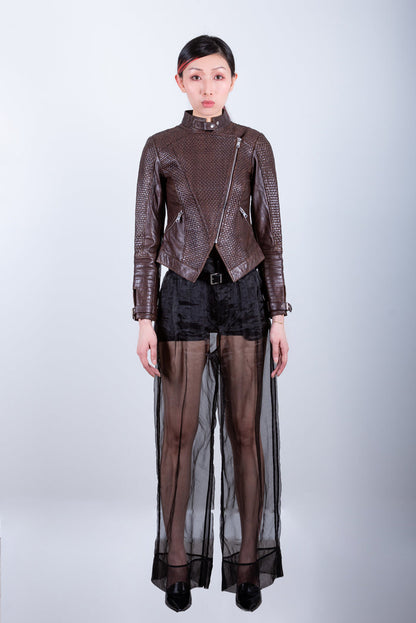 Zoe Hand Woven Leather Jacket-Navy